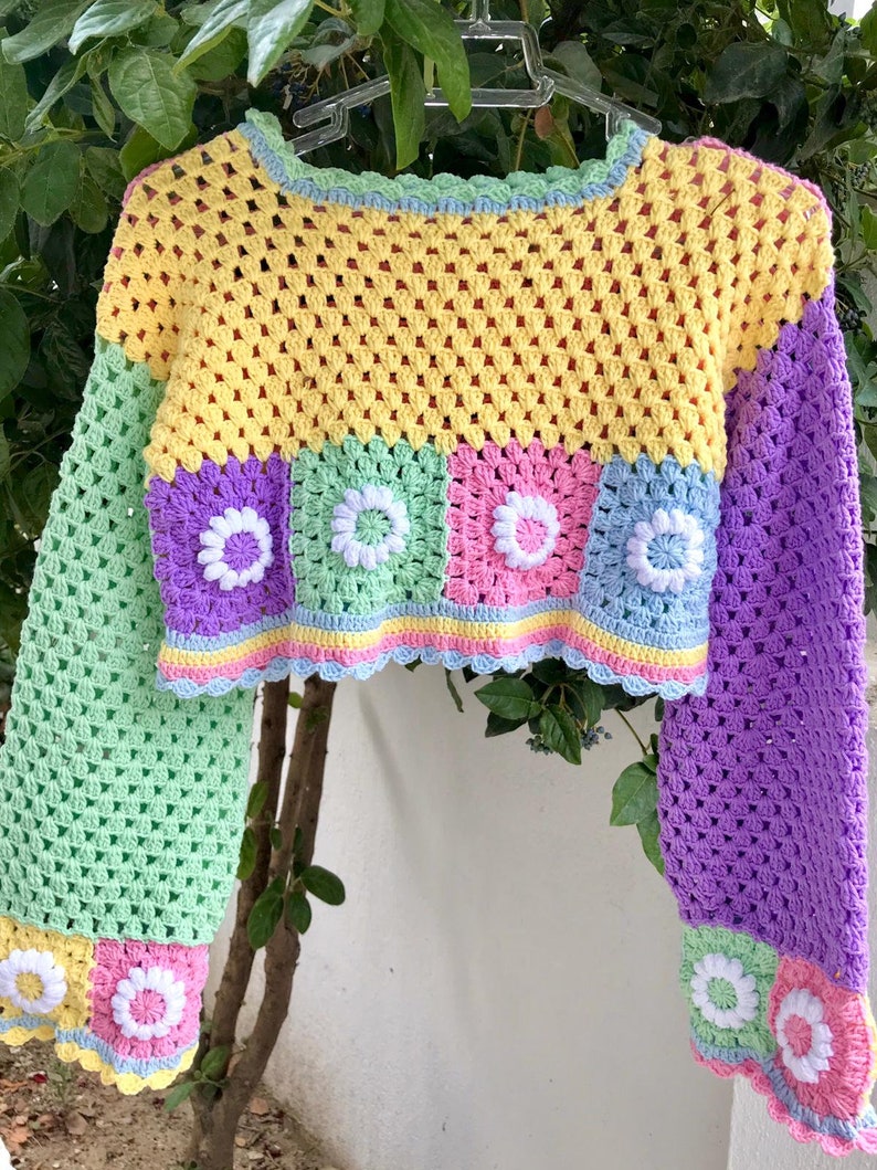 Crochet Crop Top Long Sleeves Crop Top Handmade Granny - Etsy