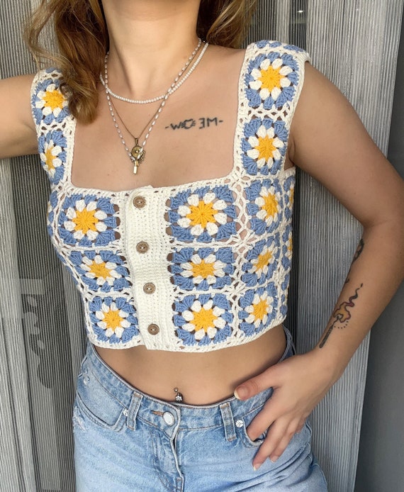 Crochet Granny Square Top, Handmade Floral Top, Crochet Colorful Crop Top, Handmade  Festival Blouse, Festival Top, Crochet Motif Top -  Canada