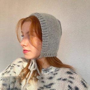 Hand-knitted Adult Bow Tie Bonnet, Handmade Gray Bonnet, Unisex Bonnet, Winter Bonnet, Handmade Winter Warm Hat, Handmade Balaclava