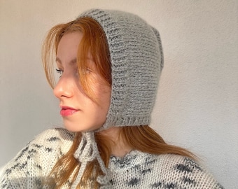 Gorro de pajarita para adultos tejido a mano, gorro gris hecho a mano, gorro unisex, gorro de invierno, sombrero cálido de invierno hecho a mano, pasamontañas hecho a mano