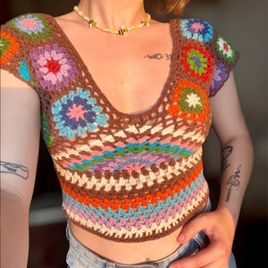 Crochet Granny Square Summer Top, Handmade Granny Square Top, Handmade Multicolored Top, Granny Square Blouse, Handmade Vintage Style Blouse