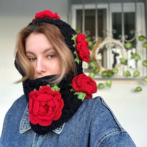 Crochet Rose Balaclava, Alisdaknit Style Red Rose Balaclava, Unisex Balaclava, Hand-Knit Balaclava, Granny Square Balaclava
