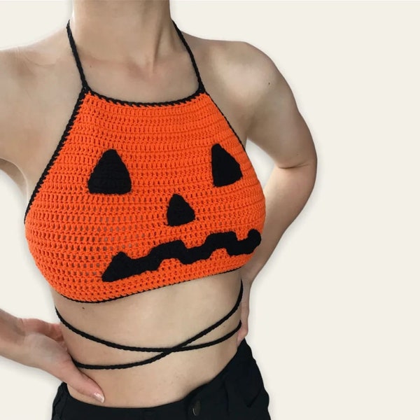 Halloween Crochet Crop Top, Crochet Pumpkin Crop Top, Grunge Fairycore Goth Top,Halloween Gift