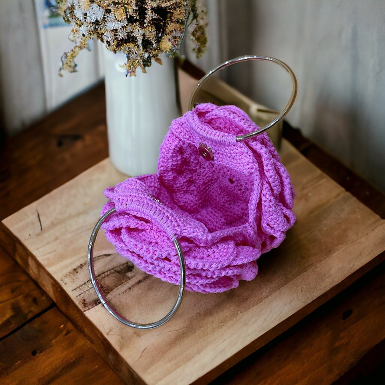 Rose Flower Bag,Crochet Rose Purse,Handmade Trendy Tote Bag, Ruffled Chic Bag, Flower Rose Bag, Colourful Woman Bag, 3D Rose Flower Bag zdjęcie 10