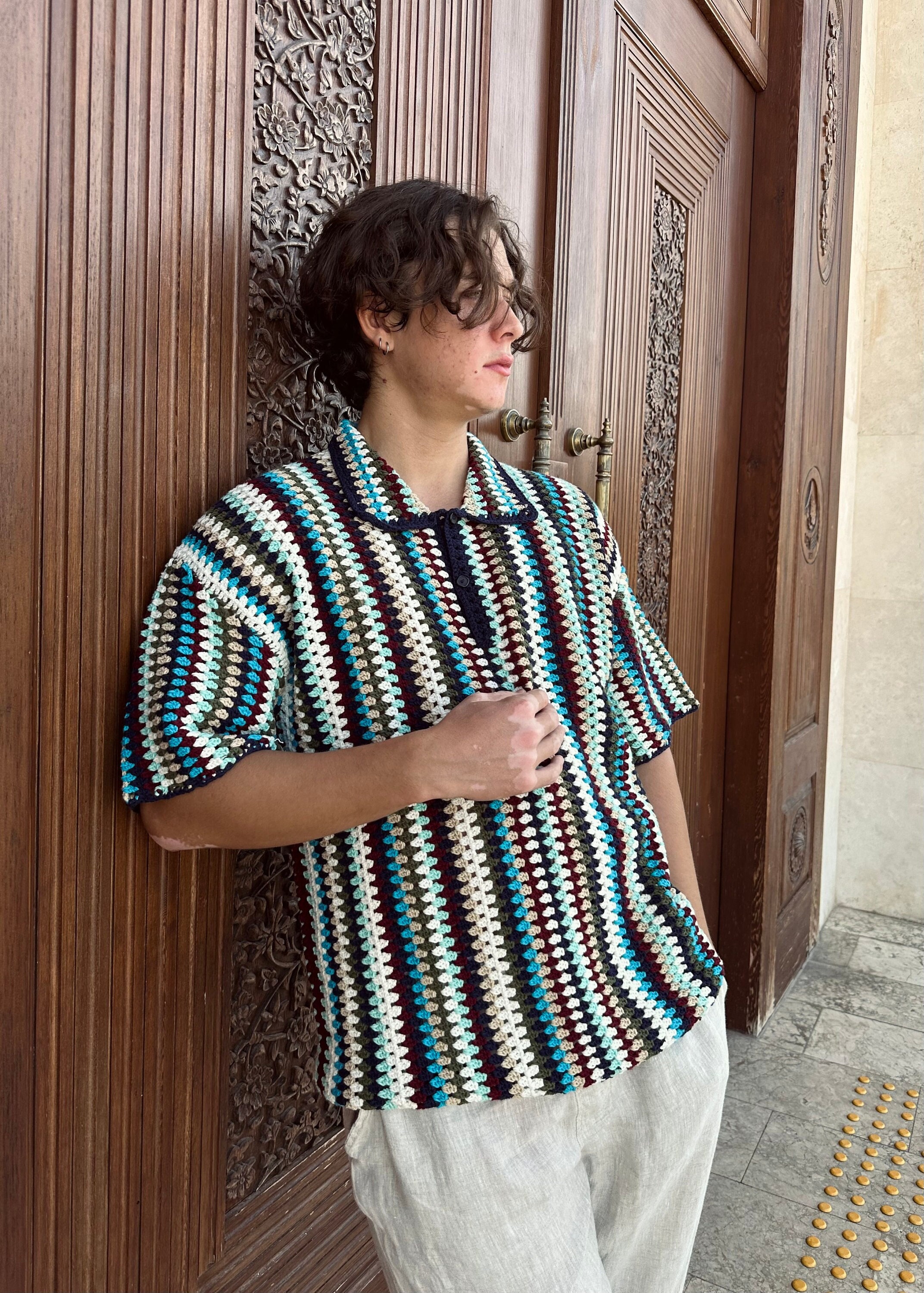 SYUMAN 24SS Crochet Short Sleeve Shirt ⁡ Men's Boxy Short-Sleeve Crochet-Style Shirt | Men's Tops