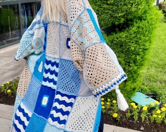 Crochet Granny Square Maxi Cardigan, Granny Square Oversized Cardigan, Crochet Afghan Coat, Handmade Boho Cardigan, Crochet Long Cardigan