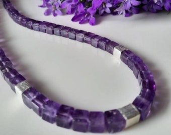 Amethyst necklace, pearl necklace, gemstone necklace with silver cubes, necklace with accents, gemstone jewelry, necklace, elegant