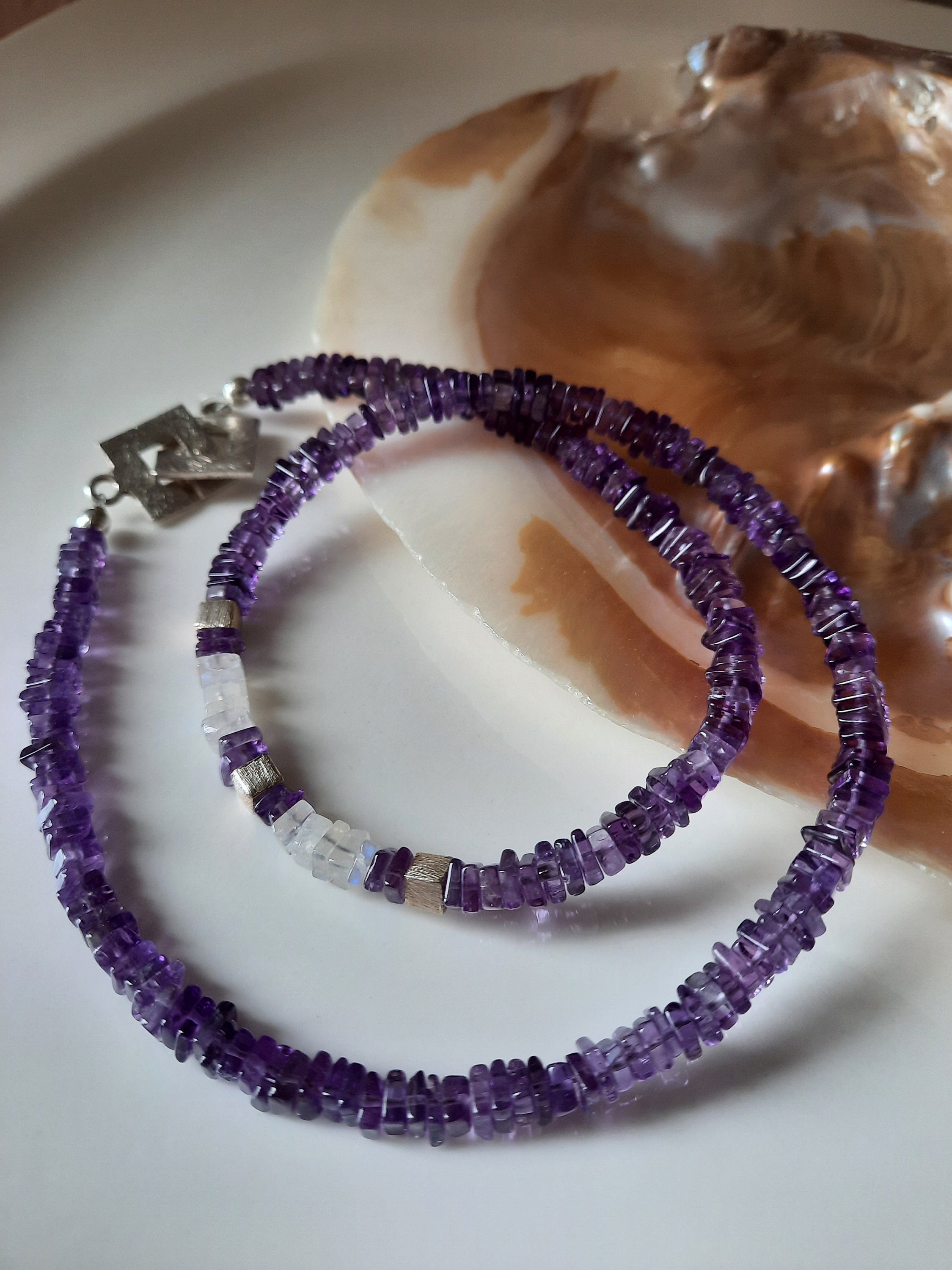 Amethyst necklace with square jewelry silver clasp, pearl necklace, purple gemstone necklace, unusual necklace, necklace, dark purple beads