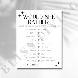 Would She rather Bridal Shower Game, Who knows the Bride the Best, Newlywed Game, B&W, Modern Bridal Game, Instant Download, Digital Game