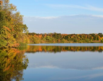 Autumn Lake Reflection Photo, Fall Colors Nature Print (Digital Download)