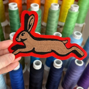 Leaping Rabbit Chainstitch Patch, Old School Tattoo Style Felt Applique