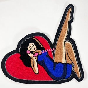90s Pinup Talking On the Telephone, Back Patches For Jackets, Large Denim Jacket Patch, Tattoo Flash Art