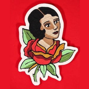 Dama em uma Rosa - Patch em Ponto Corrente para Jaqueta, Desenho Animado de Tatuagem Tradicional Americana