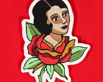 Lady in a Rose - Kettenstich Aufnäher für Jacke, amerikanische traditionelle Tattoo Flash Art