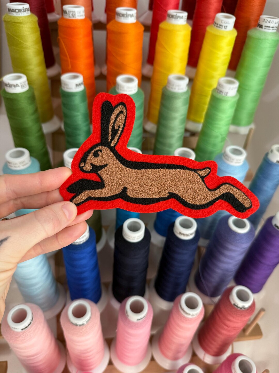 Chainstitch Rabbit Leaping Rabbit Chainstitch Patch, Old School Tattoo Style Felt Applique ...
