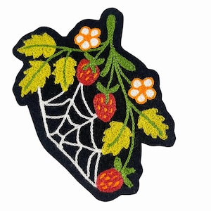 Spider Web Strawberry Chain Stitch Iron On Patch - Old School Tattoo Style