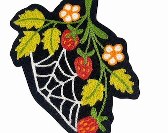 Spinnenweb aardbei kettingsteek strijkpatch - ouderwetse tattoo-stijl