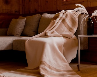 Beige wool blanket TUNDRA with fringes 130 x 200 cm | Boho bedspread, blanket made of 100% virgin wool, plaid blanket for indoor and outdoor use