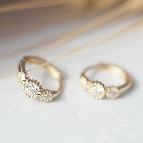 Solid Gold Stunning Dainty Hoop Earrings 9K Gold CZ Diamond Etsy