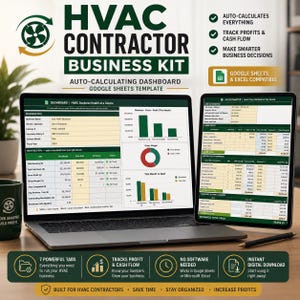 Pode incluir: Um kit de negócios para empreiteiros de HVAC como modelo digital exibido em uma tela de laptop e tablet. A interface apresenta um painel com gráficos de barras, um gráfico de pizza e tabelas de estimativa. O texto inclui HVAC CONTRACTOR BUSINESS KIT e GOOGLE SHEETS & EXCEL COMPATIBLE.