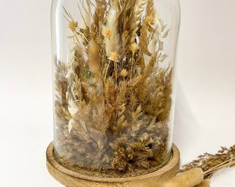 Grande cloche en verre avec fleurs séchées, marron beige, capsule coquelicot, style bohème