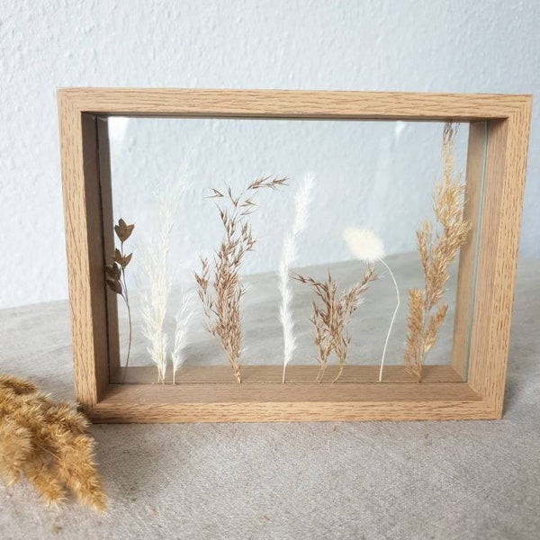 Gepresste Trockenblumen Bilderrahmen, Herbarium, Deko Trend, beige weiße Gräser, Naturtöne, Bilderrahmen mit echten Blumen, Geschenkidee