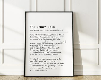 DIGITAL DOWNLOAD | "The Crazy Ones" Inspirational Quote Poster | Motivational Wall Art | Minimalist Office Decor | 4 High-Quality Files