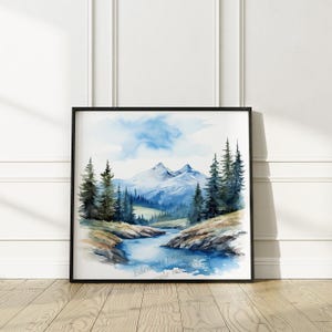 NUR POSTER | Aquarell Berg Serene Natur Landschaft Wandkunst Rustikale Hütte Hütte Dekor Ungerahmt Poster Ruhiger Fluss Wald Kunst