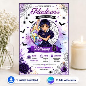 May include: A birthday party invitation card featuring a cartoon character with dark hair in a black dress, surrounded by purple watercolor splashes, spiderwebs, bats, and a dark rose. The text reads Madison's Birthday Party, Is Turning 8, and includes placeholders for date, time, location, and RSVP details.