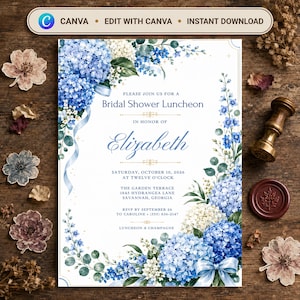 Dusty Blue Hydrangea Bridal Shower Luncheon Invitation | Fully Editable Wedding Template (Digital Download)