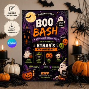 Puede incluir: Una tarjeta de invitación de cumpleaños con temática de Halloween titulada Boo Bash para el noveno cumpleaños de Ethan. El diseño presenta una luna llena, una casa embrujada, fantasmas, calabazas y calaveras sobre un fondo morado oscuro.