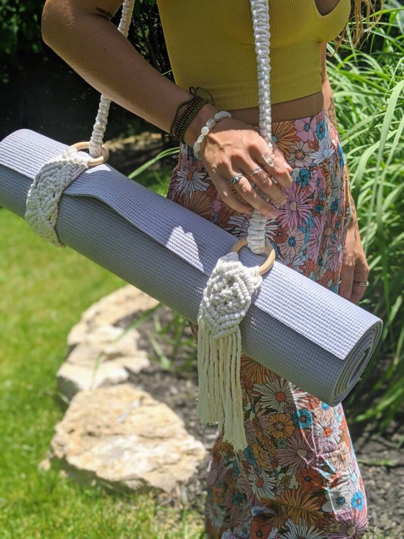 Macrame Yoga Strap, Handmade Yoga Mat Carrier, Boho Yoga Mat Holder, Cotton Rope Yoga Sling, Bohemian blanket holder, yoga gear image 3