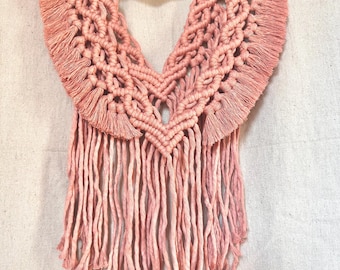 Boho Macrame Wall Hanging, Pink Macrame Decor, Driftwood Macrame, Handmade Bohemian Fiber Art, Nursery Decor, Small Macrame Wall Hanging