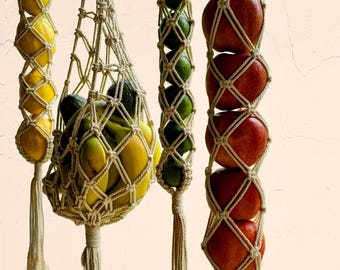 Macrame Fruit & Veggie Hanger, Hanging Produce Storage, Cotton Kitchen Stocking, Onion Garlic Apple Potato Holder, Boho Kitchen Organizer