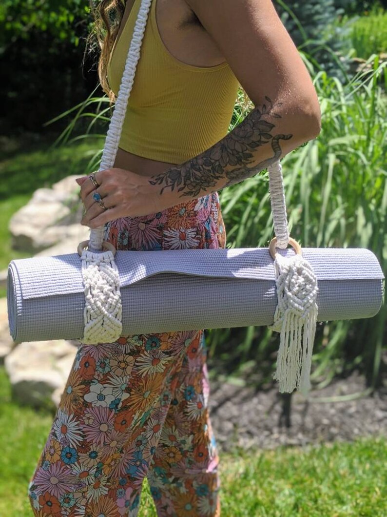 Macrame Yoga Strap, Handmade Yoga Mat Carrier, Boho Yoga Mat Holder, Cotton Rope Yoga Sling, Bohemian blanket holder, yoga gear image 5