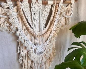 Macrame Wall Hanging, Boho Wall Decor, Handmade Tapestry, Large Bohemian Wall Art, Neutral Fiber, Rustic Driftwood, Wooden Bead, Home Decor