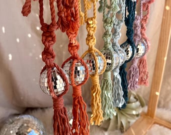 Macrame Disco Ball Charm, Disco Car Charm, Boho Car Accessory, Rearview Mirror Charm, Disco Bag Charm, Retro Car Decor, Cute Bag Accessory