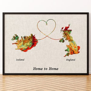 Impression sur toile de carte de l'Islande et de la Grande-Bretagne, affiche de carte de deux États ou pays, cadeau pour mariage, anniversaire et anniversaire