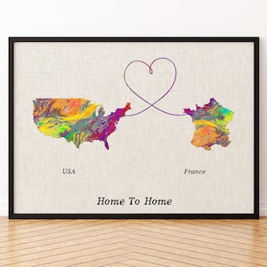 Impression sur toile de carte des États-Unis et de la France, deux États ou pays, affiche de carte, cadeau pour mariage, anniversaire et anniversaire