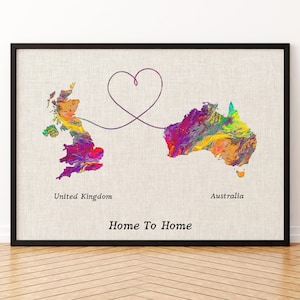 Impression de carte personnalisée, deux pays ou États, impression artistique sur toile de carte personnalisée
