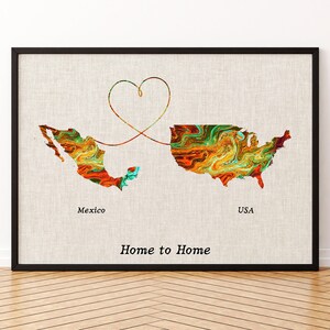 Impression sur toile de carte du Mexique et des États-Unis, deux États ou pays, affiche de carte, cadeau pour mariage, anniversaire et anniversaire