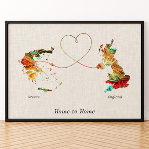 Impression sur toile de carte de la Grèce et de la Grande-Bretagne, affiche de carte de deux États ou pays, cadeau pour mariage, anniversaire et anniversaire