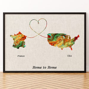 Impression sur toile de carte de la France et des États-Unis, deux états ou pays, affiche de carte, cadeau pour mariage, anniversaire et anniversaire