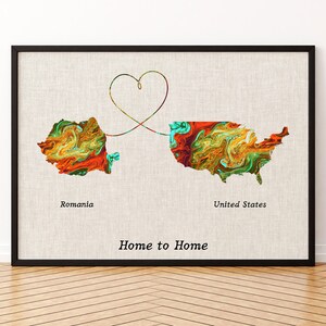 Impression sur toile de carte de la Roumanie et des États-Unis, affiche de carte de deux États ou pays, cadeau pour mariage et anniversaire