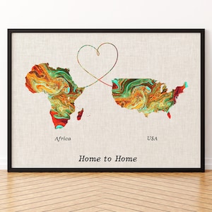 Impression sur toile de carte de l'Afrique et des États-Unis, affiche de carte de deux États ou pays, cadeau pour mariage et anniversaire