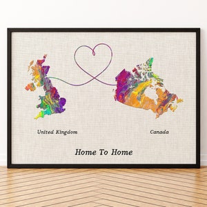 Impression sur toile de carte de la Grande-Bretagne et du Canada, deux États ou pays, affiche de carte, cadeau pour mariage, anniversaire et anniversaire