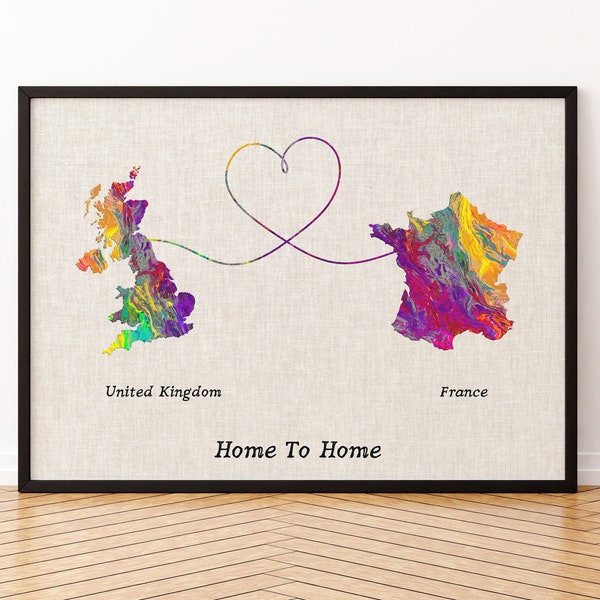 Britain and France Map Canvas Print, Any Two States Or Countries Map Poster, Gift For Wedding and Anniversary and Birthday