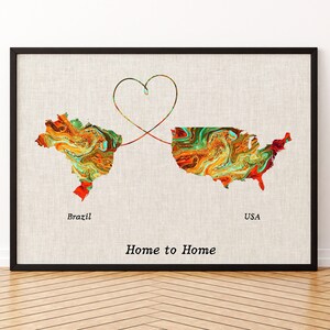 Impresión de lienzo de mapa de Brasil y EE. UU., cartel de mapa de dos estados o países, regalo para boda, aniversario y cumpleaños