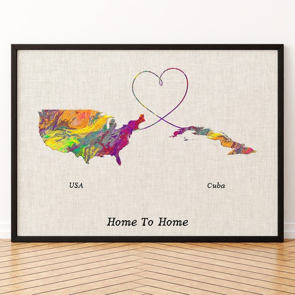 USA and Cuba Map Canvas Print, Any Two States Or Countries Map Poster, Gift For Wedding and Anniversary and Birthday