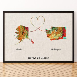 Impression sur toile de carte de l'Alaska et de Washington, affiche de carte de deux États ou pays, cadeau pour mariage et anniversaire